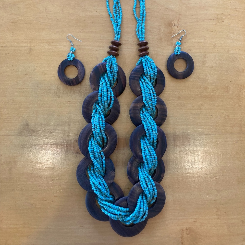 Turquoise Seed Bead & Wooden Necklace/Earring Set